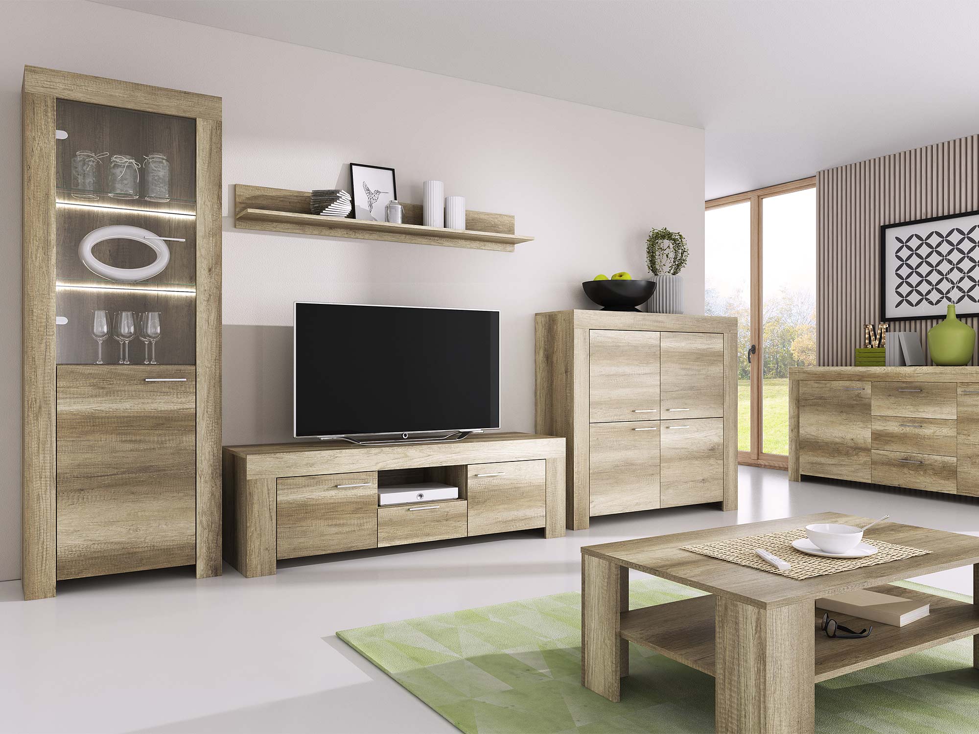 Salon z nowoczesnymi meblami RTV i jasnym wykończeniem