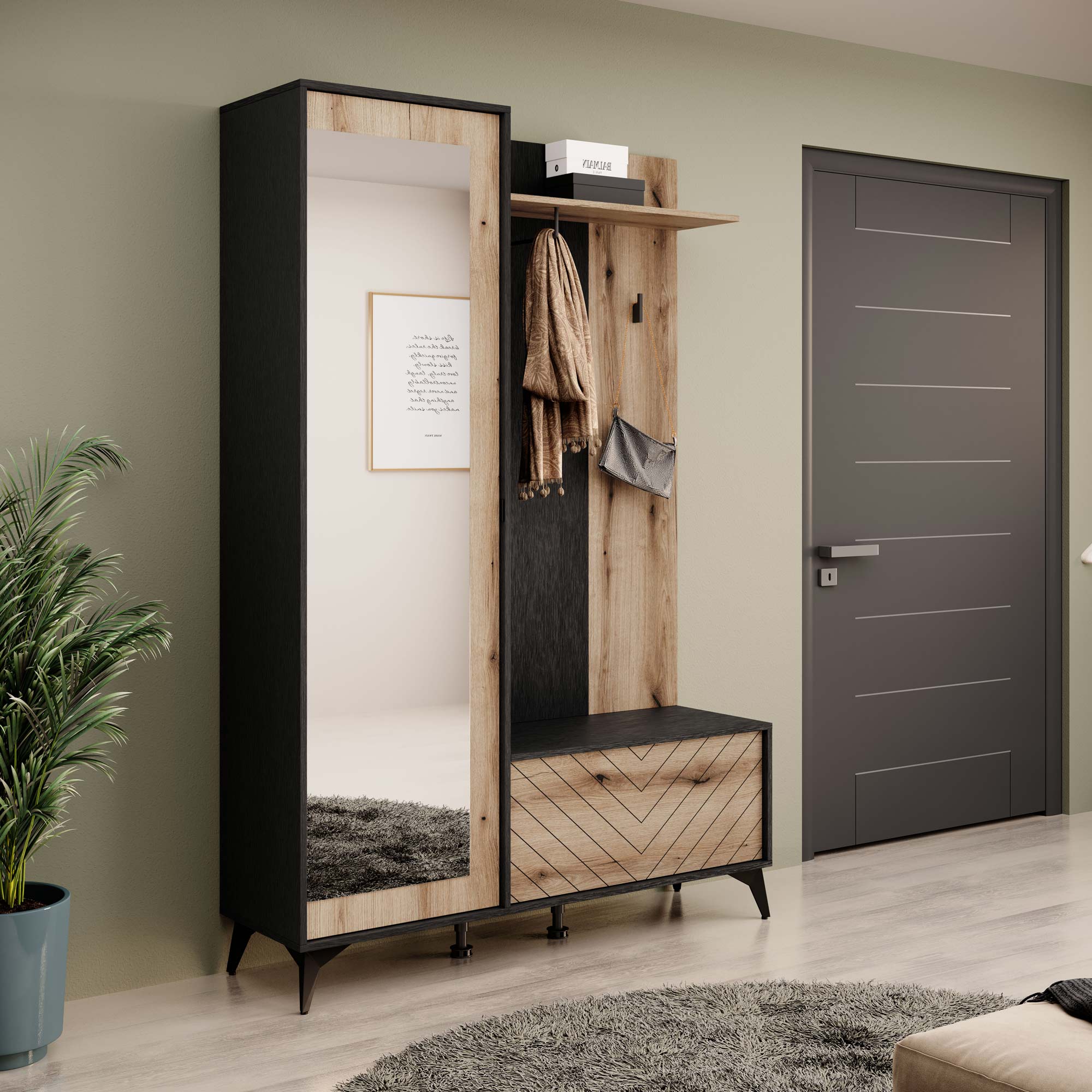 Przedpokój z nowoczesnym zestawem mebli i wieszakami