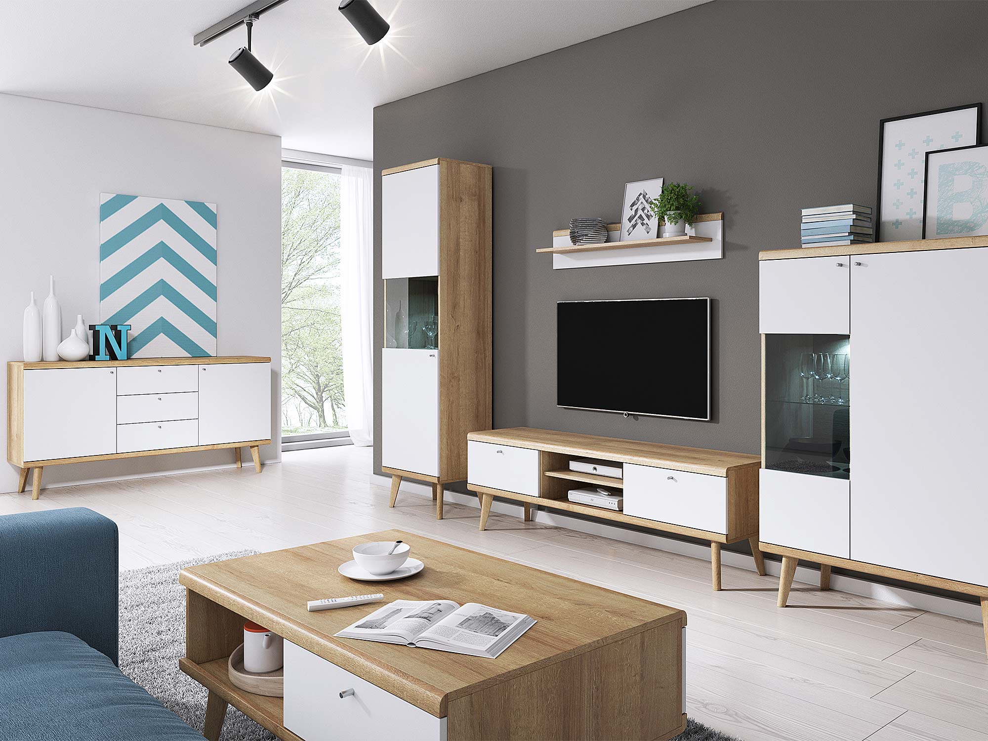 Komplet mebli do salonu z szafką RTV i witrynami, styl nowoczesny