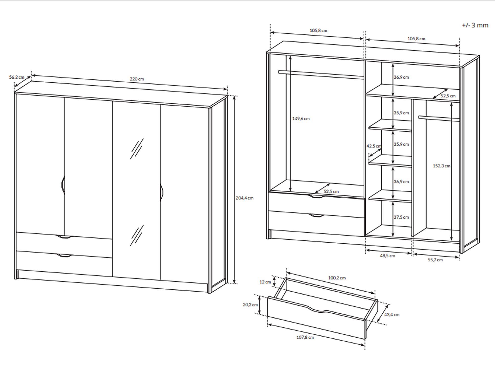 Rysunek techniczny szafy z drzwiami z pełnymi wymiarami Rysunek techniczny szafy z drzwiami z pełnymi wymiarami