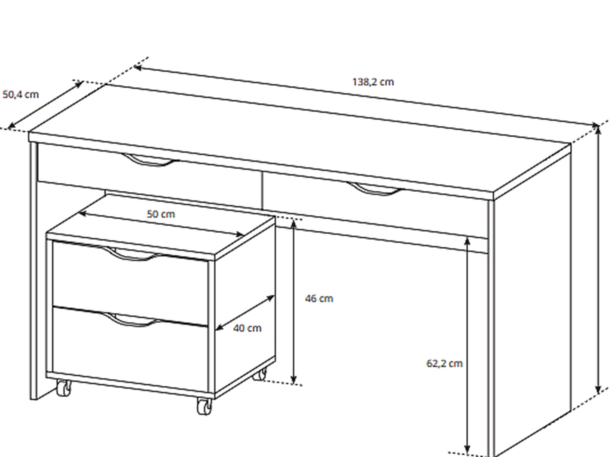 Rysunek techniczny biurka z szufladami i kontenerkiem, nowoczesny styl