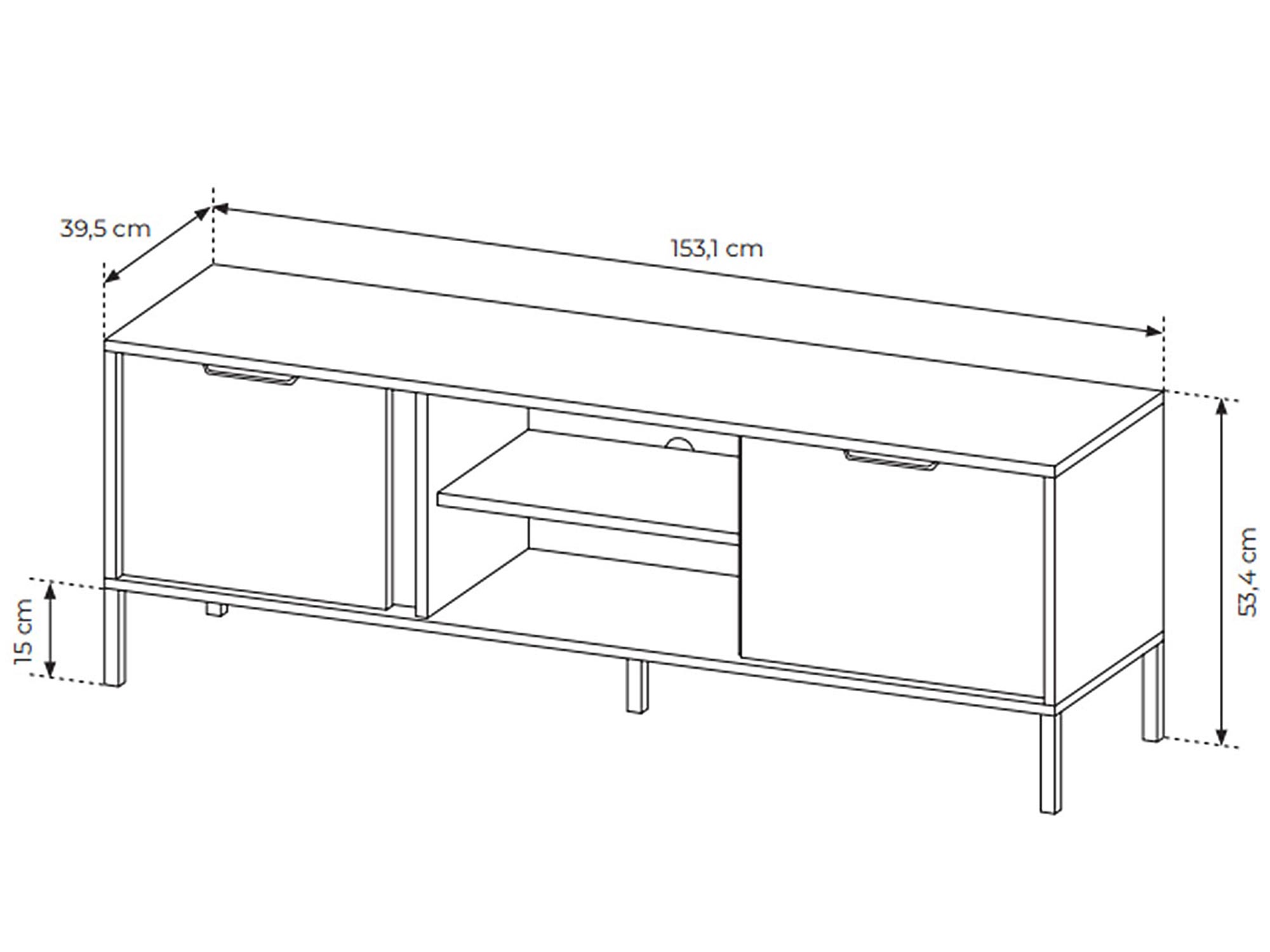 Rysunek techniczny szafki RTV z otwartymi półkami i metalowymi nogami Rysunek techniczny szafki RTV z otwartymi półkami i metalowymi nogami