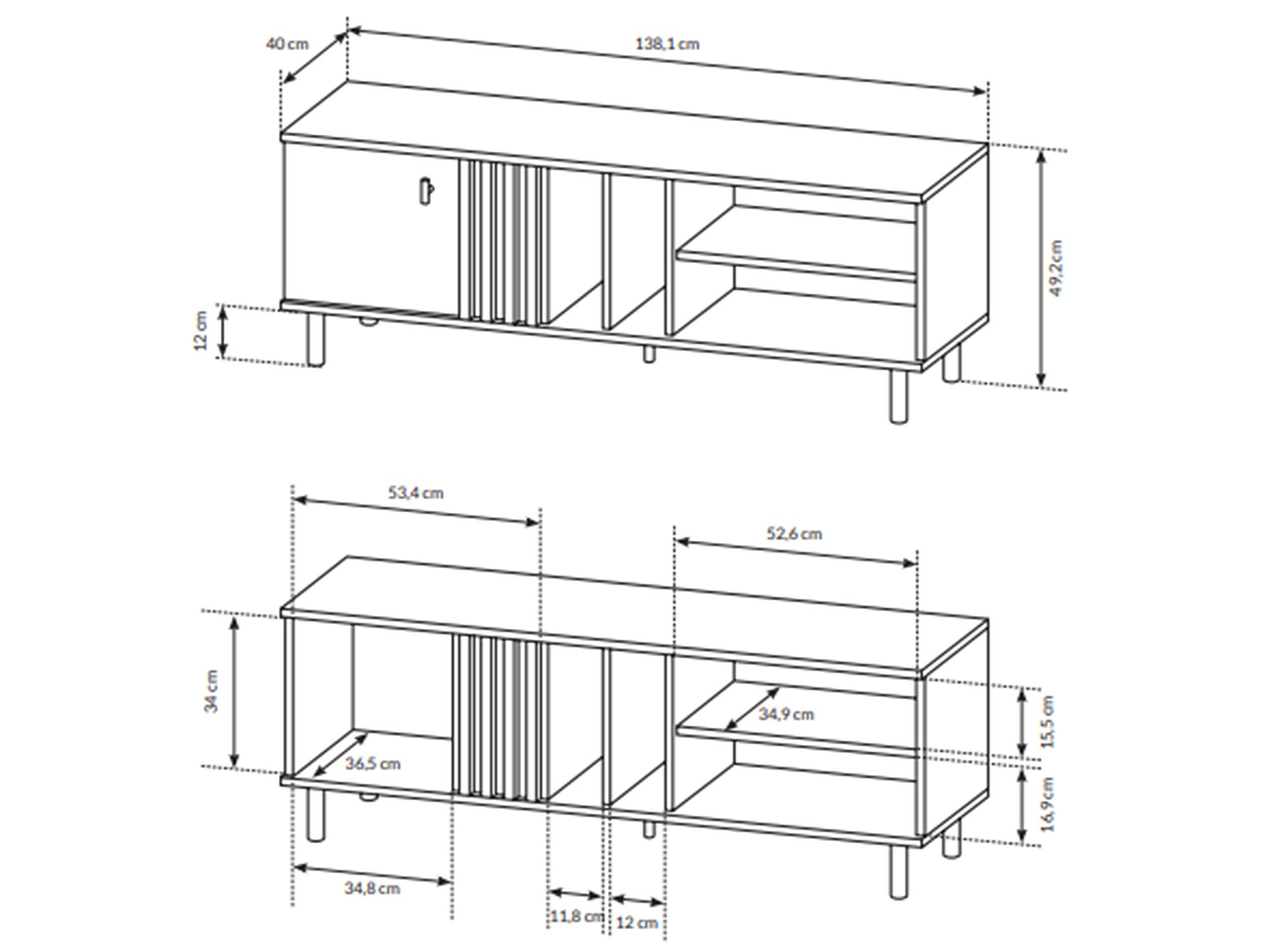 Rysunek techniczny szafki RTV z pionowymi listwami i otwartymi półkami Rysunek techniczny szafki RTV z pionowymi listwami i otwartymi półkami