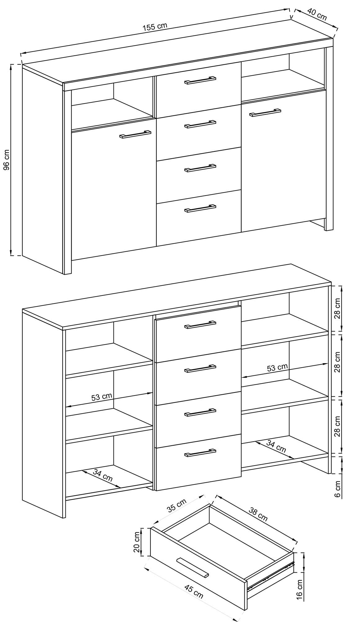 Komoda z szufladami o długości 155cm