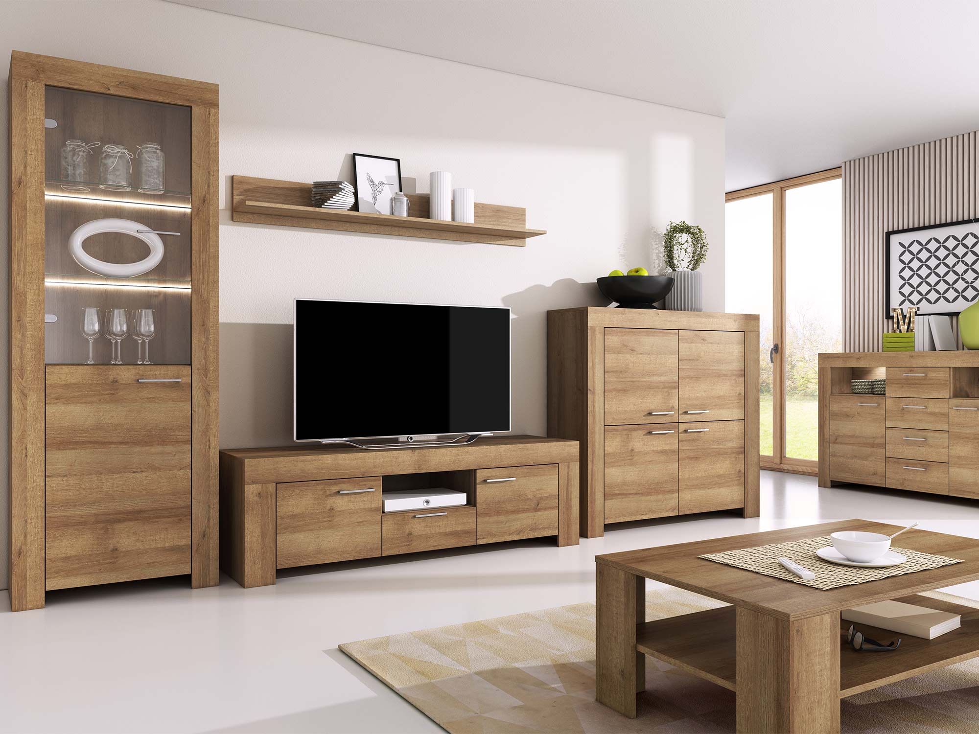 Drewniana meblościanka RTV do salonu w stylu nowoczesnym