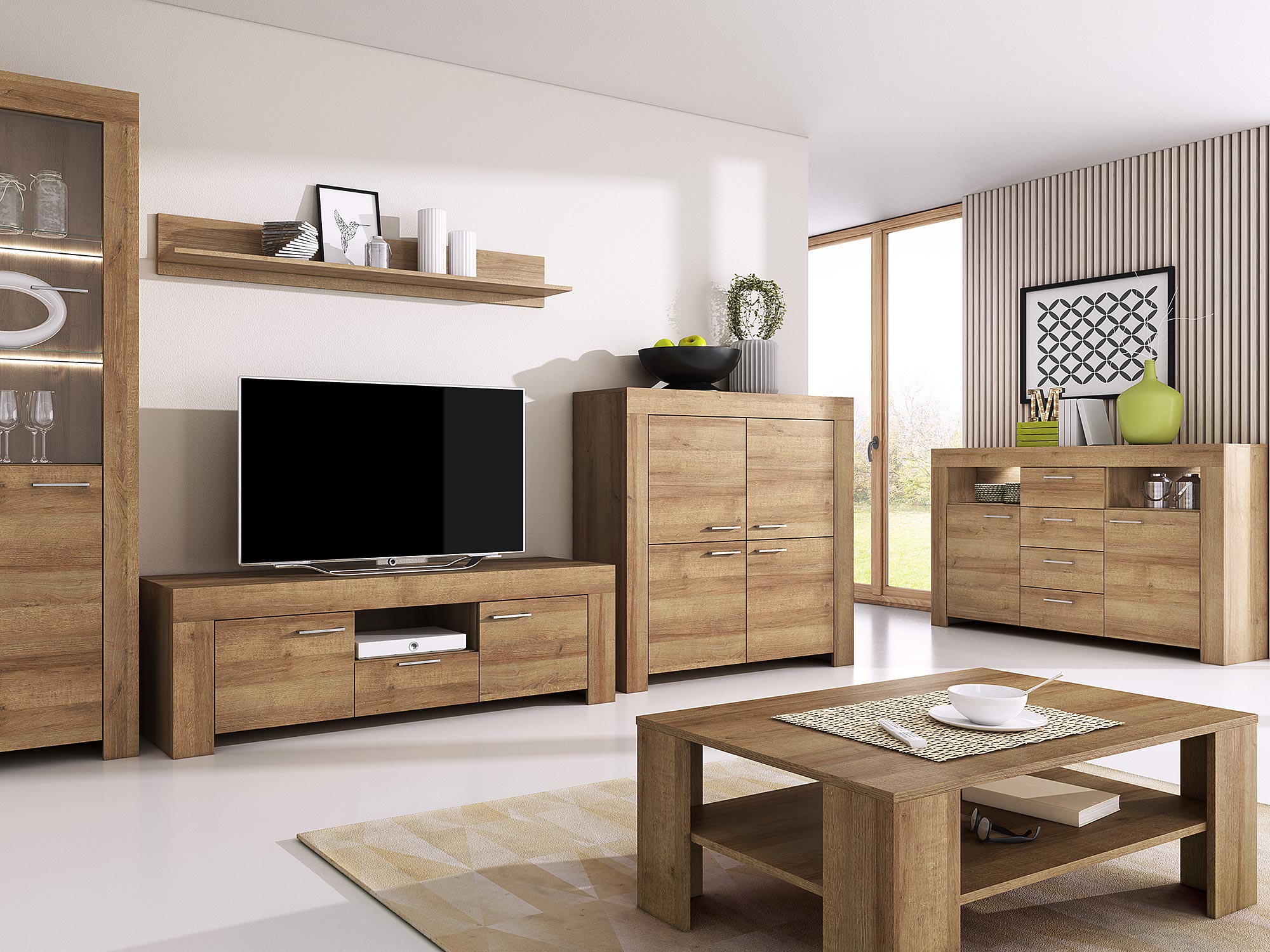 Nowoczesny zestaw mebli RTV z drewnianymi frontami