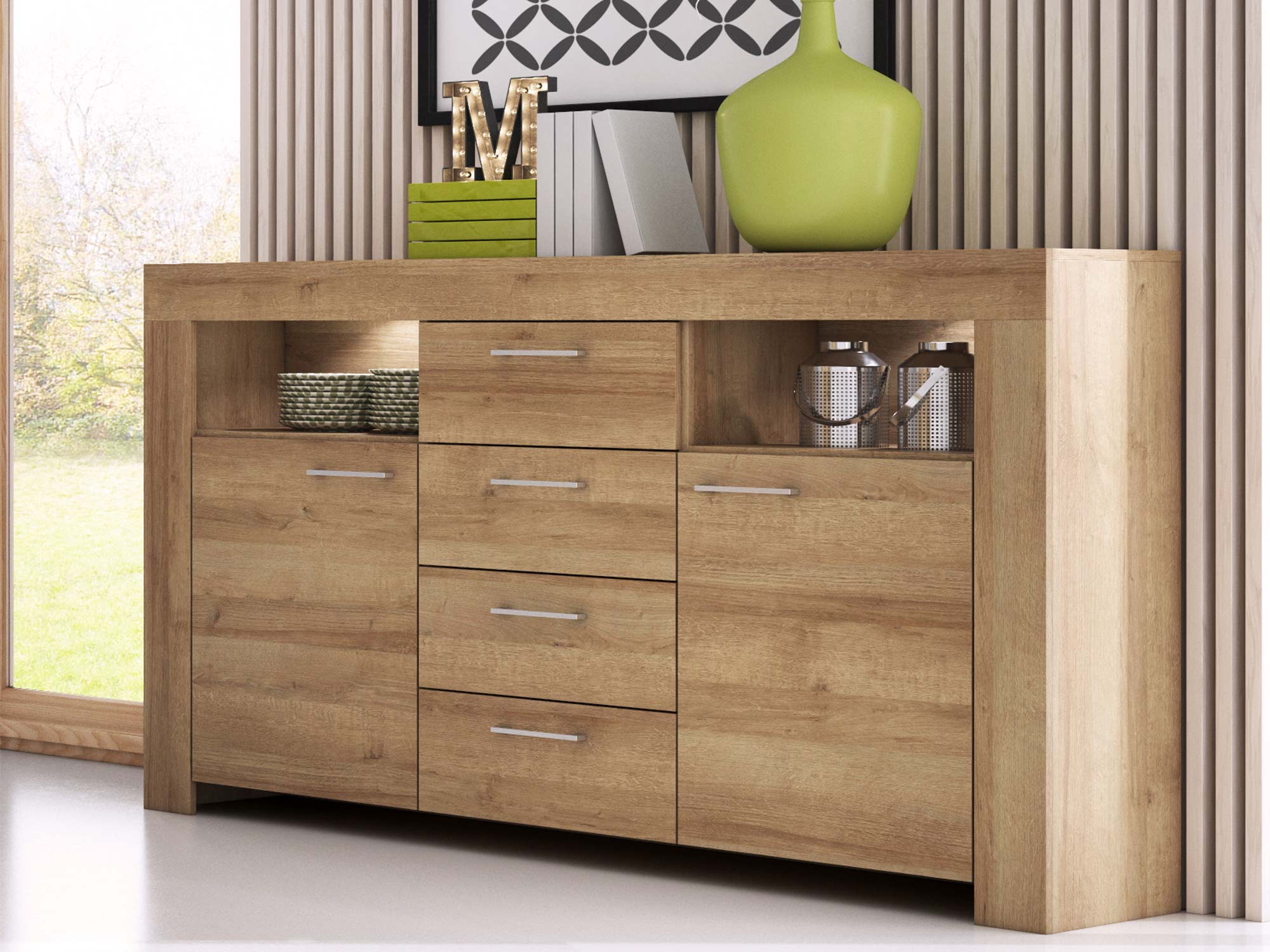 Drewniana komoda z szufladami i półkami w stylu nowoczesnym