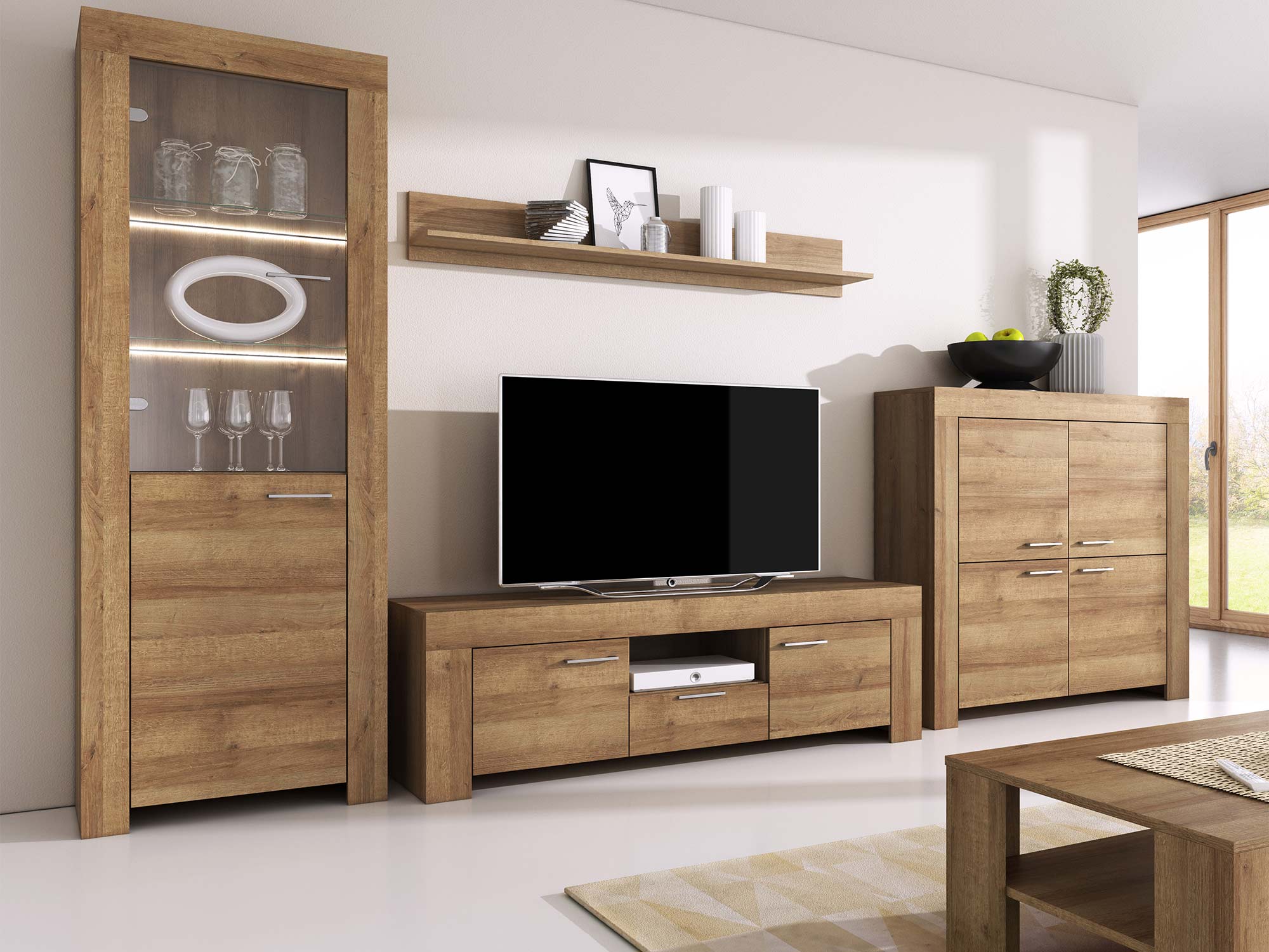 Nowoczesny salon z drewnianymi meblami i jasnym wykończeniem