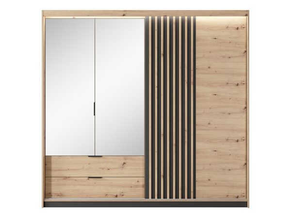 Skříň se zrcadlem a dřevěnými čely, moderní design