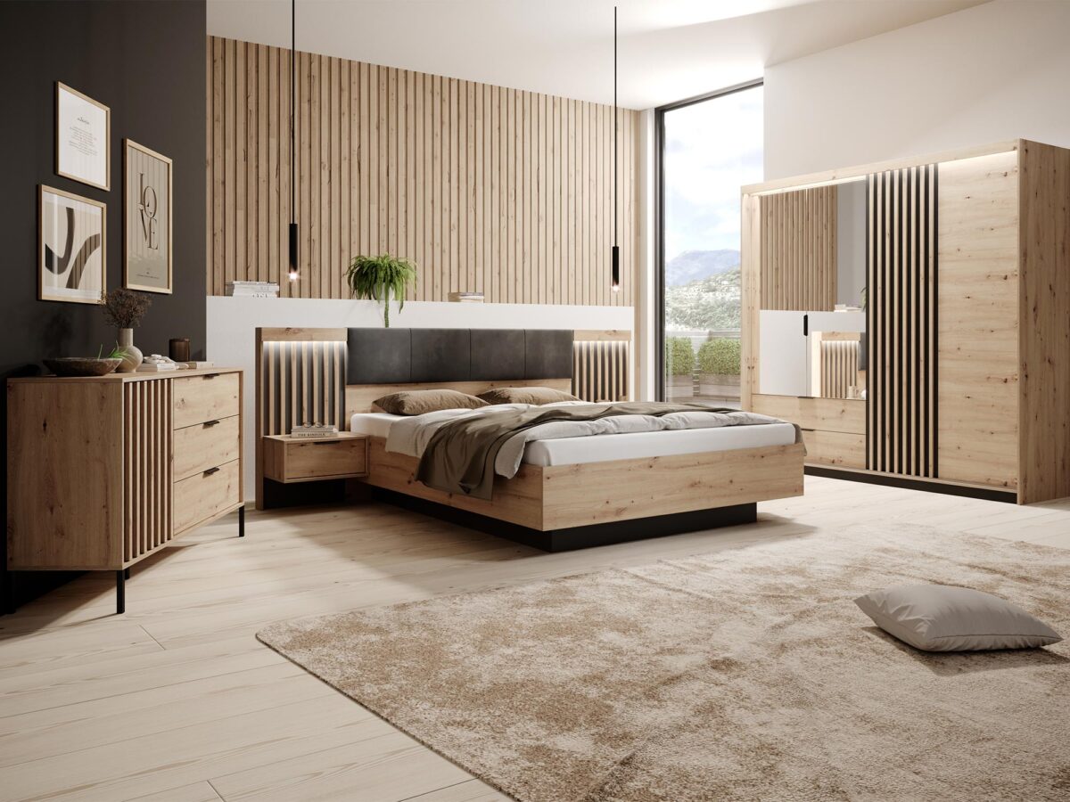 Moderní ložnicová sestava s lamelami dub artisan/antracit REST