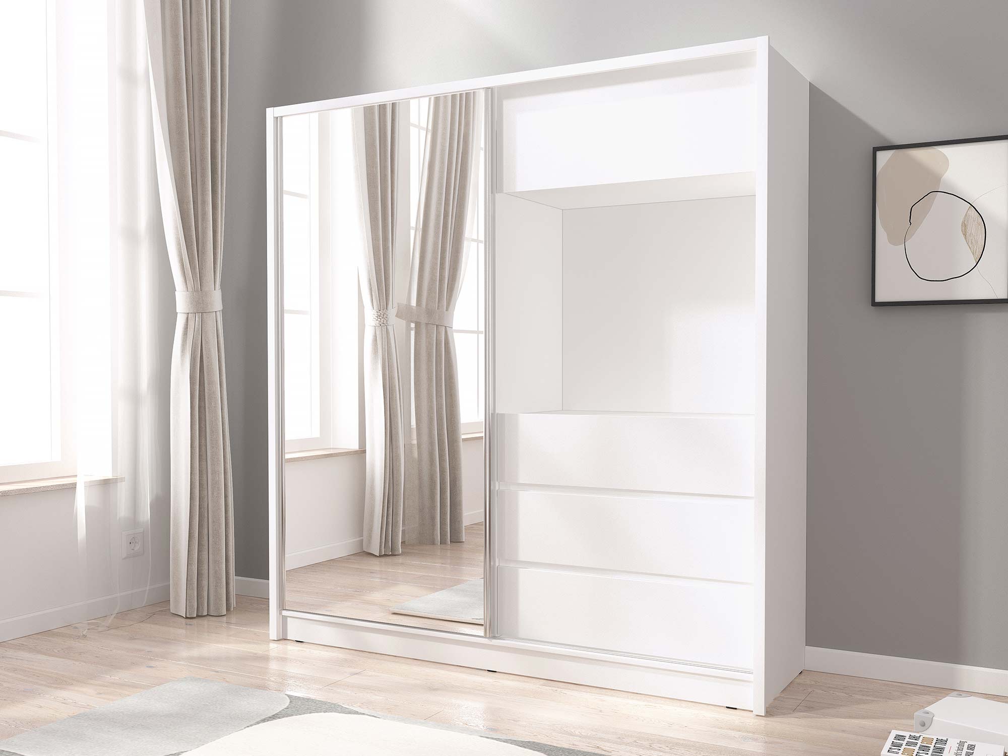 Bílá skříň se zrcadly, moderní styl, minimalistický design