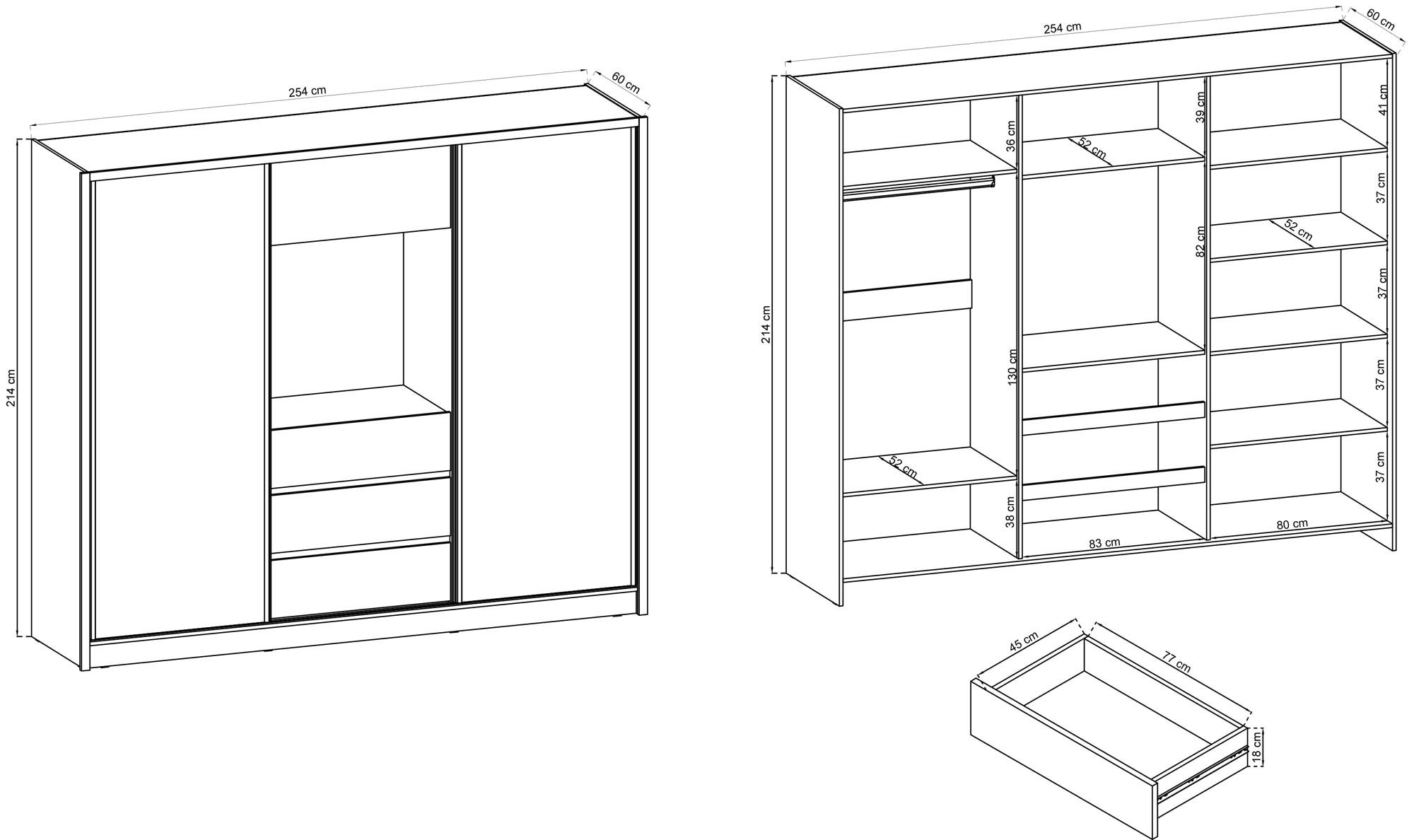 Rysunek techniczny szafy z przesuwnymi drzwiami i półkami, styl nowoczesny Rysunek techniczny szafy z przesuwnymi drzwiami i półkami, styl nowoczesny