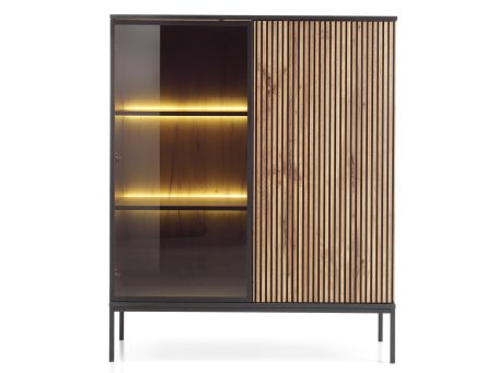 Nowoczesna komoda z listwami dębowymi i czarnym korpusem