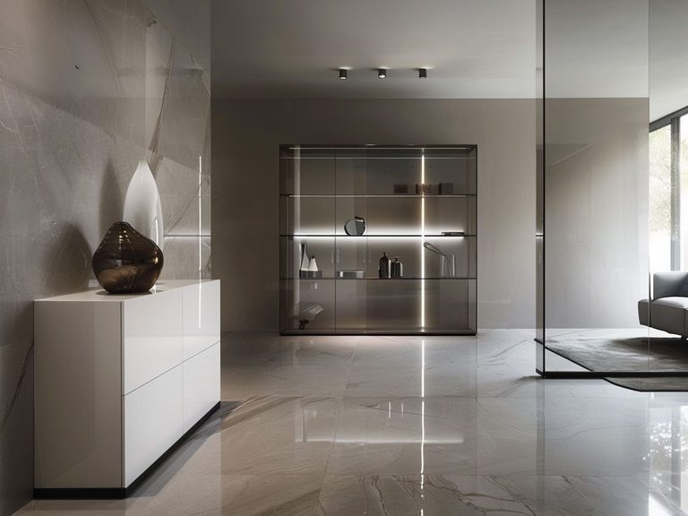 Minimalistyczny salon w odcieniach szarości z drewnianymi akcentami, nowoczesna łazienka.