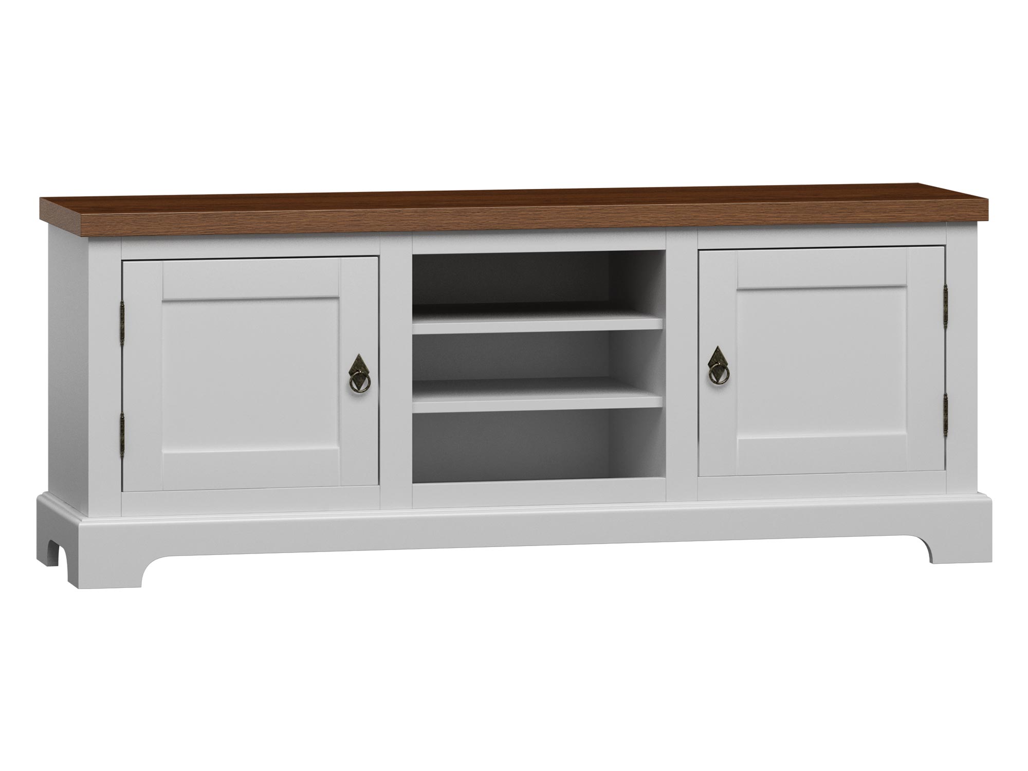 Biała szafka RTV z półkami i szufladami, styl prowansalski Biała szafka RTV z półkami i szufladami, styl prowansalski