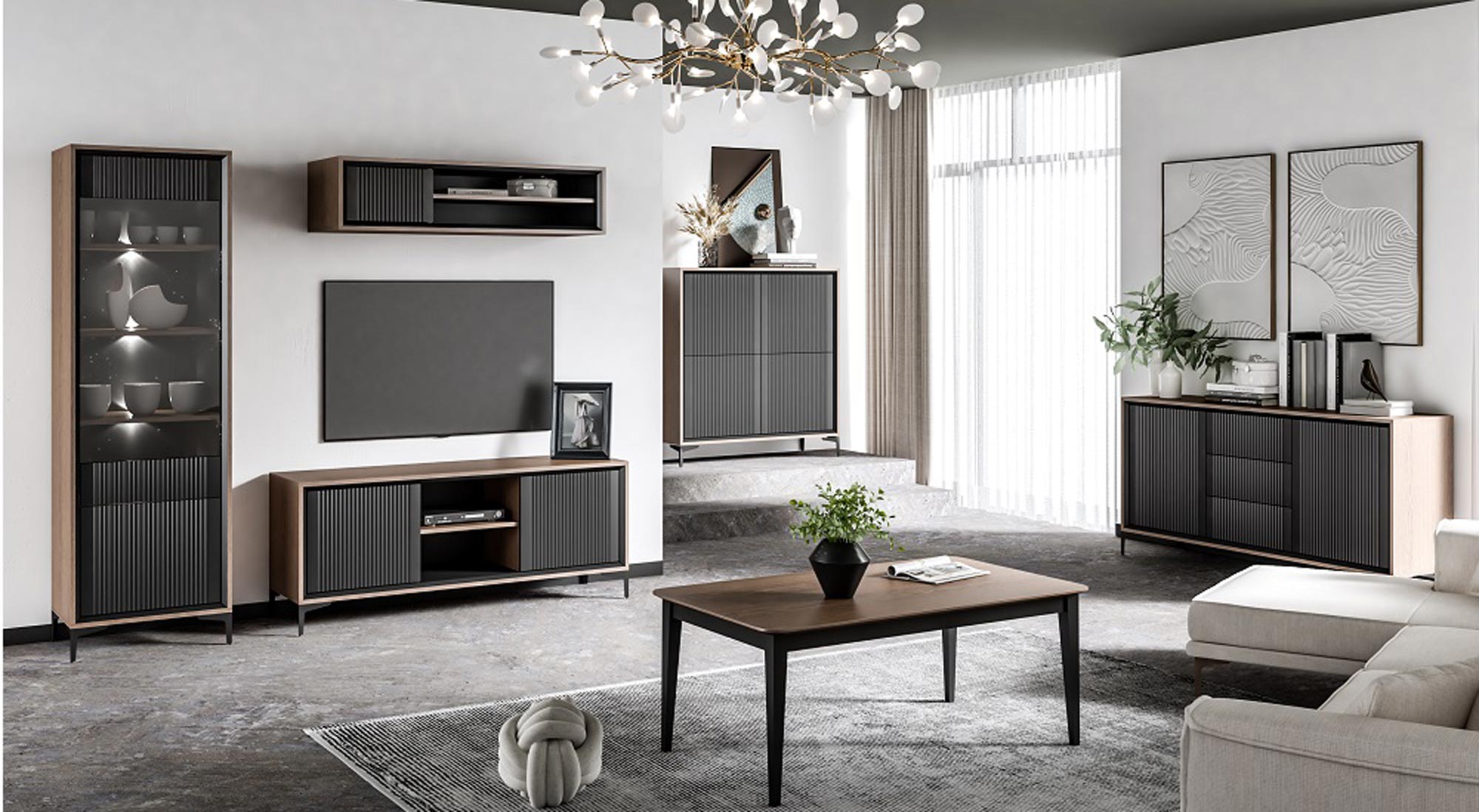 Nowoczesny salon z drewnianymi meblami w ciemnym wykończeniu i industrialnym stylu Nowoczesny salon z drewnianymi meblami w ciemnym wykończeniu i industrialnym stylu