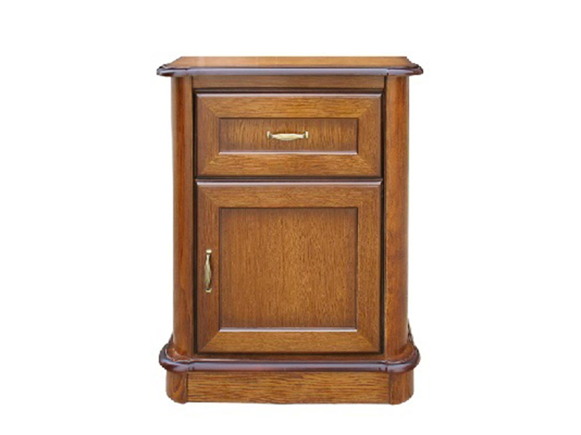 Klasyczna drewniana szafka nocna z ozdobnymi uchwytami Klasyczna drewniana szafka nocna z ozdobnymi uchwytami