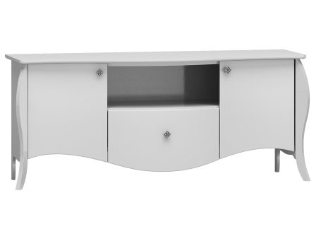Elegancka komoda RTV z srebrnymi gałkami