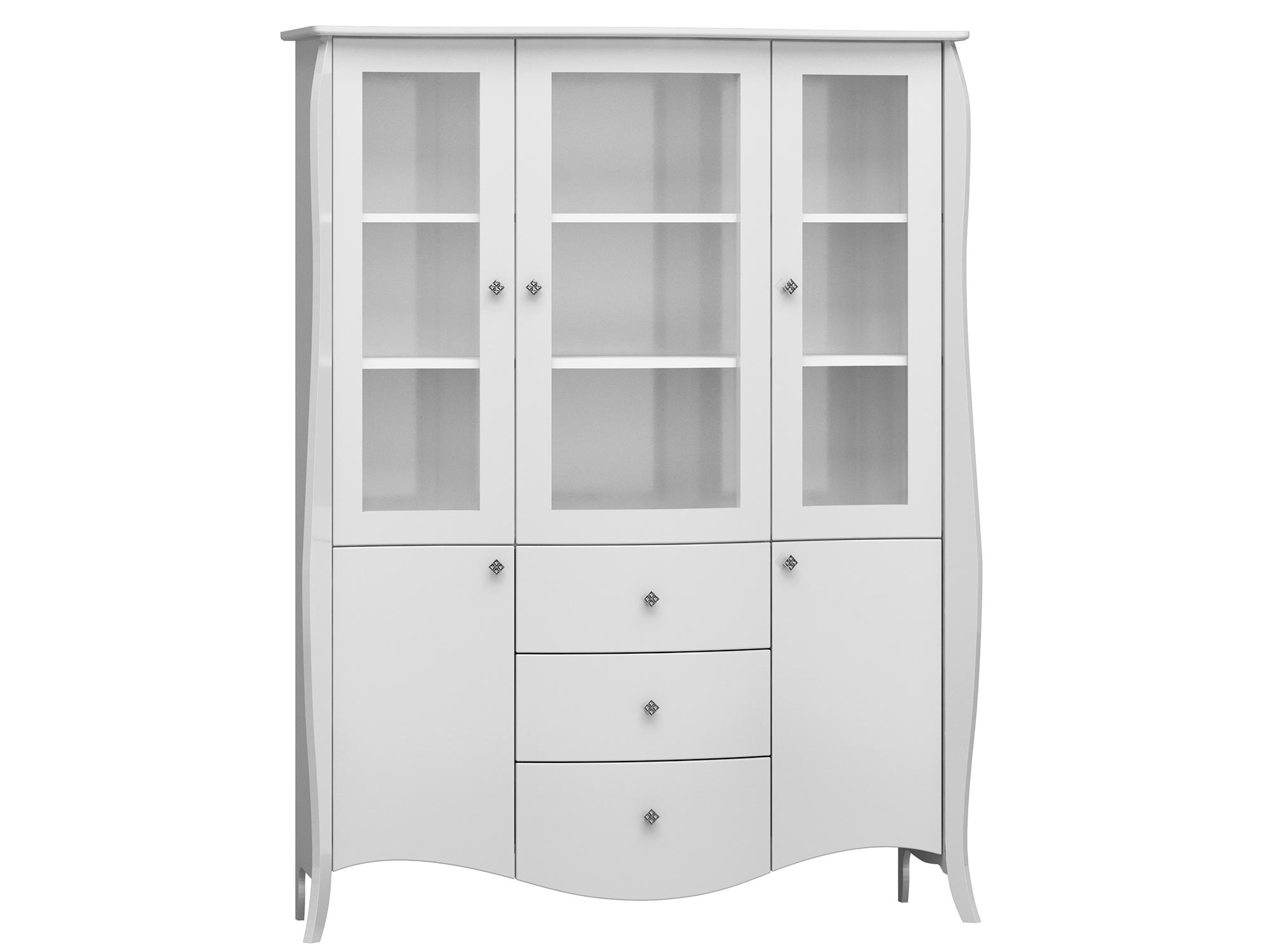 Biała witryna z przeszklonymi drzwiami i dekoracyjnymi frezami do stylowego wnętrza Biała witryna z przeszklonymi drzwiami i dekoracyjnymi frezami do stylowego wnętrza