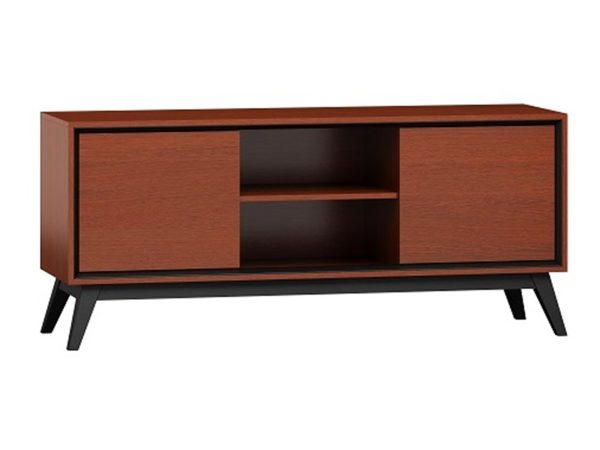Dřevěná TV skříňka s černými kovovými nohami a minimalistickém designem do moderního interiéru