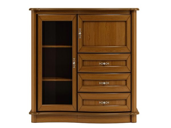 Dřevěná komoda s vyřezávanými detaily, mnoha zásuvkami a klasickým zpracováním do elegantního interiéru