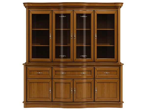 Klasická vitrína s prosklenými dveřmi, vyřezávanými detalami a dekorativními úchyty do eleganckiego obývacího pokoje