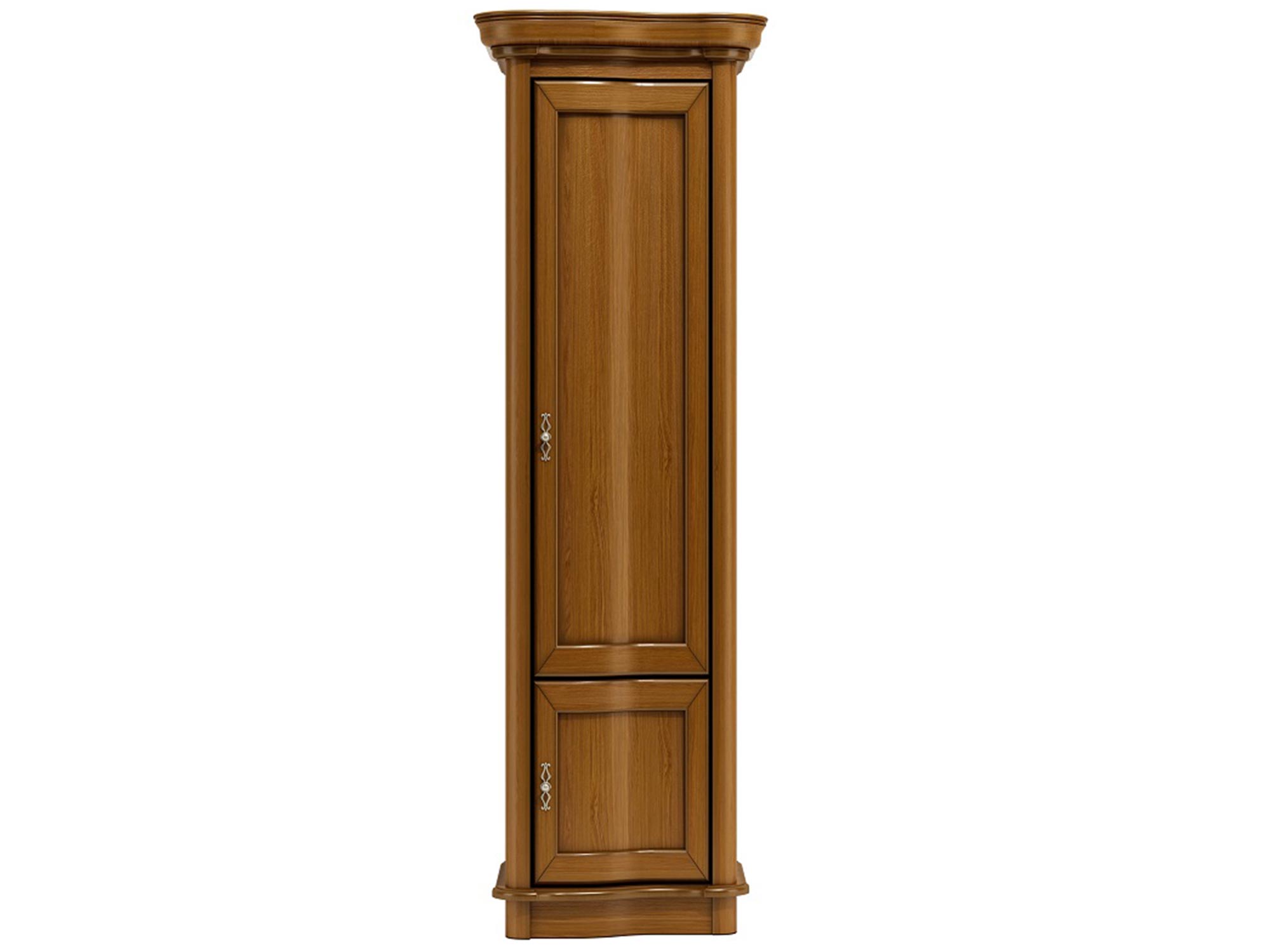 Wysoka, wąska szafa z drewnianymi frontami, rzeźbionymi detalami i dekoracyjnymi uchwytami do stylowego wnętrza