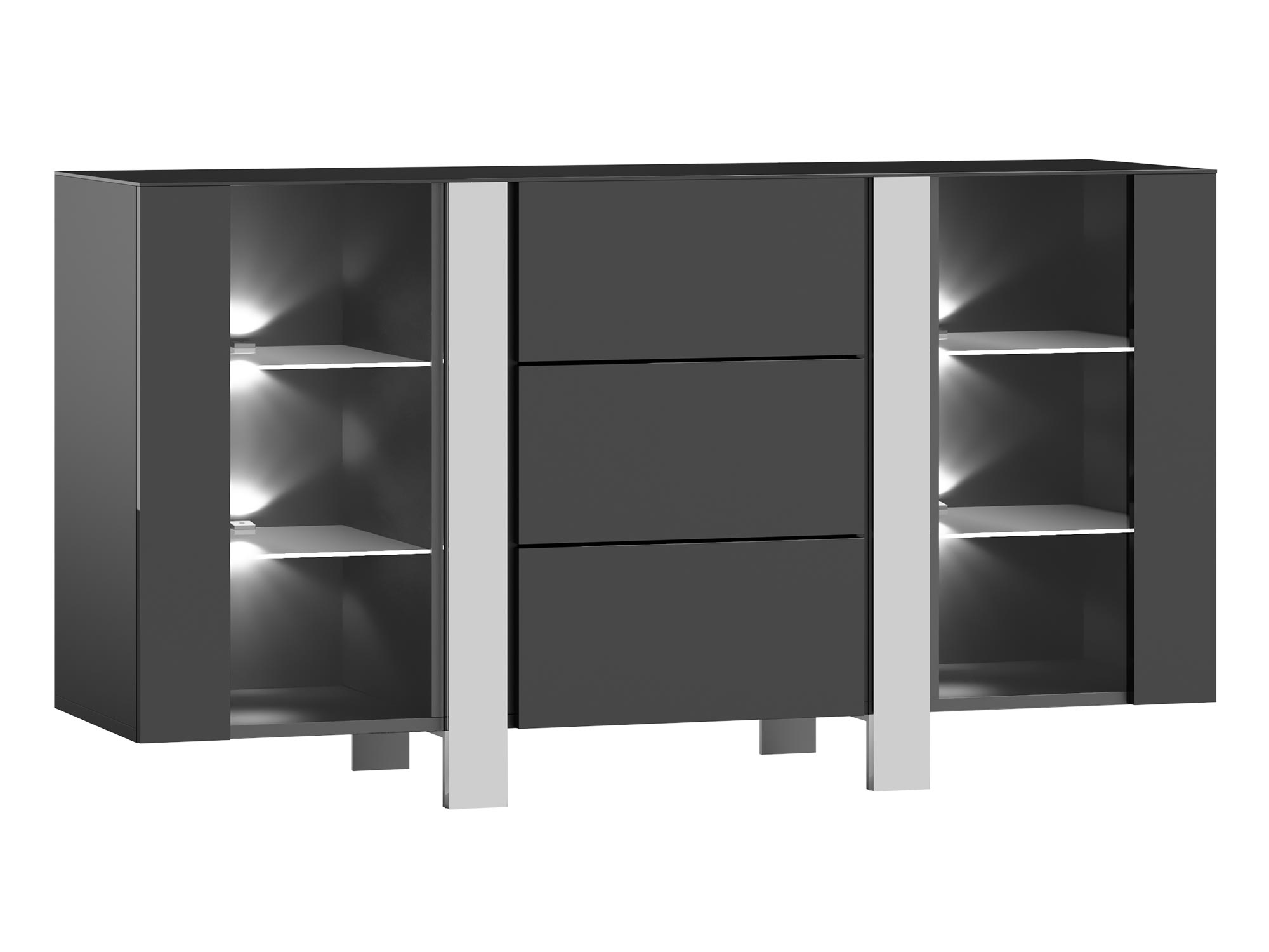 Nowoczesna komoda w grafitowym wykończeniu z metalowymi akcentami i prostym designem do nowoczesnego wnętrza Nowoczesna komoda w grafitowym wykończeniu z metalowymi akcentami i prostym designem do nowoczesnego wnętrza