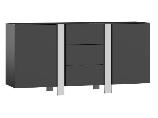 Moderní komoda v grafitovým povrchové úpravě s kovovými akcenty a jednoduchým designem do eleganckiego interiéru