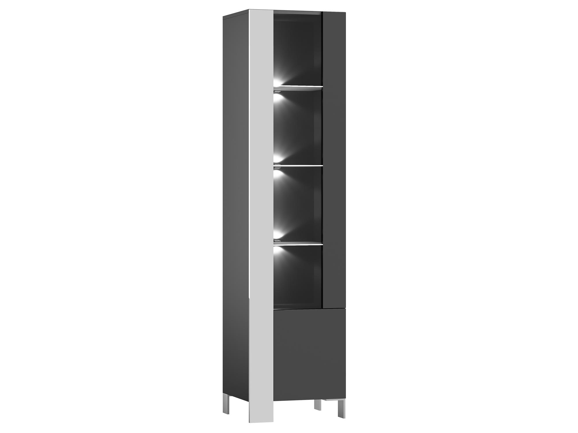 Wysoka witryna w grafitowym wykończeniu z przeszklonymi drzwiami, ledowym podświetleniem i metalowymi akcentami do stylowego salonu Wysoka witryna w grafitowym wykończeniu z przeszklonymi drzwiami, ledowym podświetleniem i metalowymi akcentami do stylowego salonu
