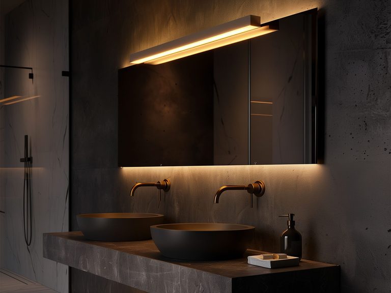 Kinkiet nad lustro w czarnej łazience