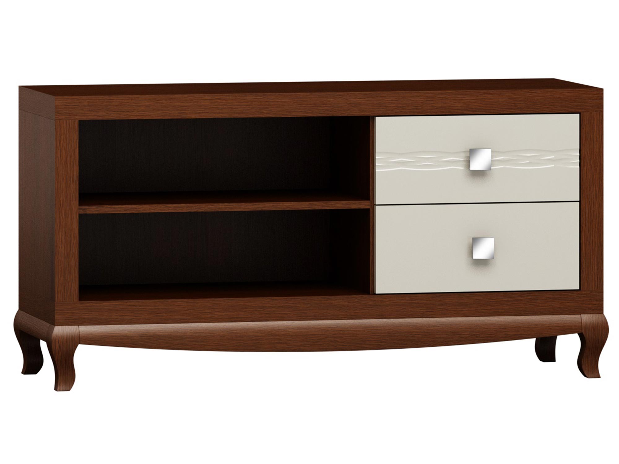 Klasyczna szafka RTV z drewnianymi frontami, rzeźbionymi nogami i dekoracyjnymi uchwytami do eleganckiego wnętrza Klasyczna szafka RTV z drewnianymi frontami, rzeźbionymi nogami i dekoracyjnymi uchwytami do eleganckiego wnętrza