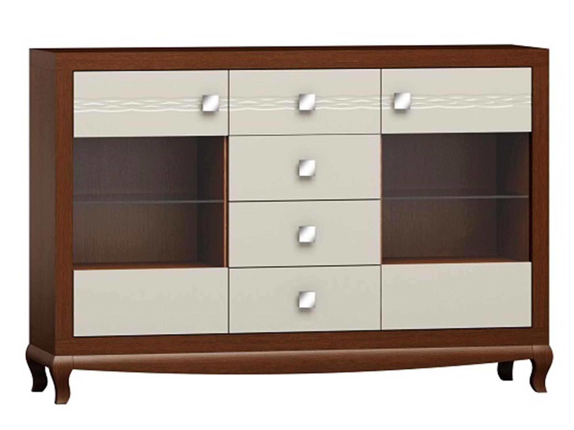 Klasyczna witryna z przeszklonymi drzwiami, rzeźbionymi nogami i dekoracyjnymi uchwytami do stylowego wnętrza Klasyczna witryna z przeszklonymi drzwiami, rzeźbionymi nogami i dekoracyjnymi uchwytami do stylowego wnętrza