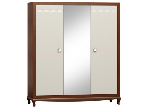 Skříň z dřevěnými čely, velkým zrcadlem a vyřezávanými detalami ve stylu retro do stylowego interiéru