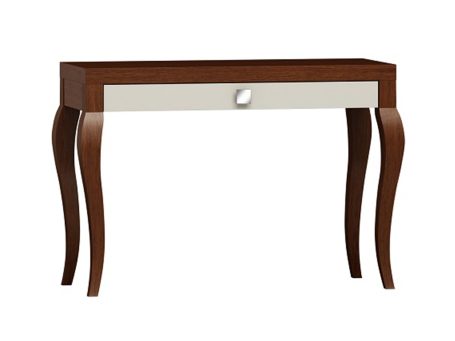 Klasyczna toaletka z rzeźbionymi nogami, drewnianym blatem i białą szufladą w stylu vintage