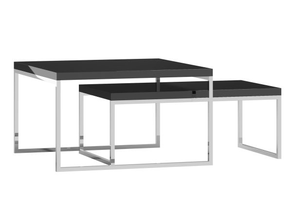 Sestava nowoczesnych stolků s kovovými nohami a černými blatami v minimalistickém stylu