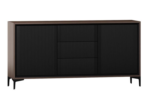 TV skříňka z ciemnymi čely, štíhlými kovovými nohami a minimalistickém designem do obývacího pokoje
