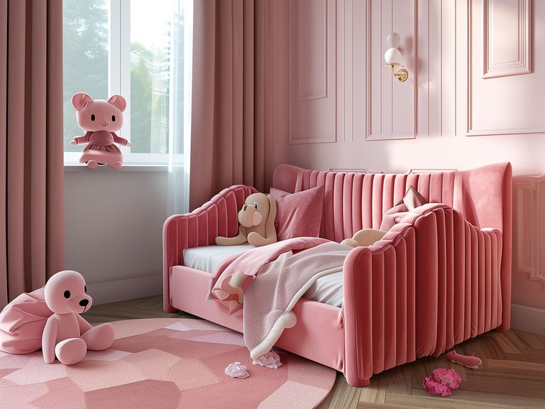 Łóżko dla dziewczynki z frezowanymi tapicerowanymi bokami