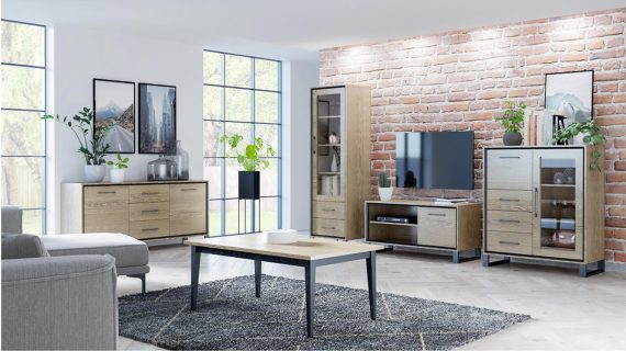 Miniaturka 1 - Zestaw mebli do salonu z drewnianymi frontami, styl industrialny