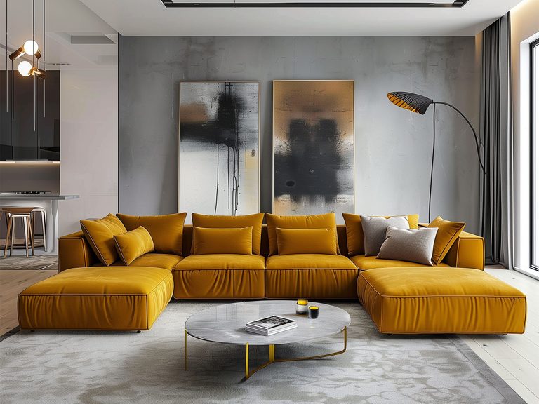 Musztardowy narożnik w eleganckim salonie