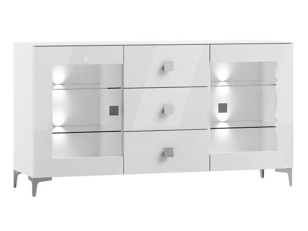 Bílá komoda s prosklenými dveřmi a podsvícením LED, moderní styl