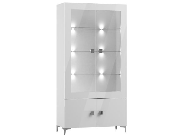 Bílá vitrína s prosklenými dveřmi a podsvícením LED, moderní styl