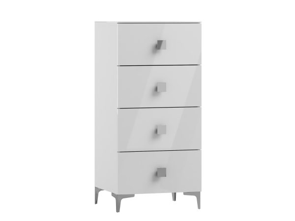 Bílá komoda se zásuvkami, moderní styl, minimalistický design