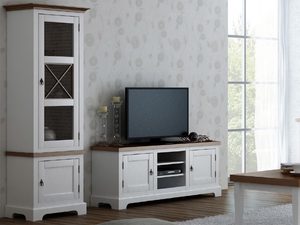 Miniaturka 3 - Biała witryna z przeszklonymi drzwiami i drewnianym blatem do stylowego salonu
