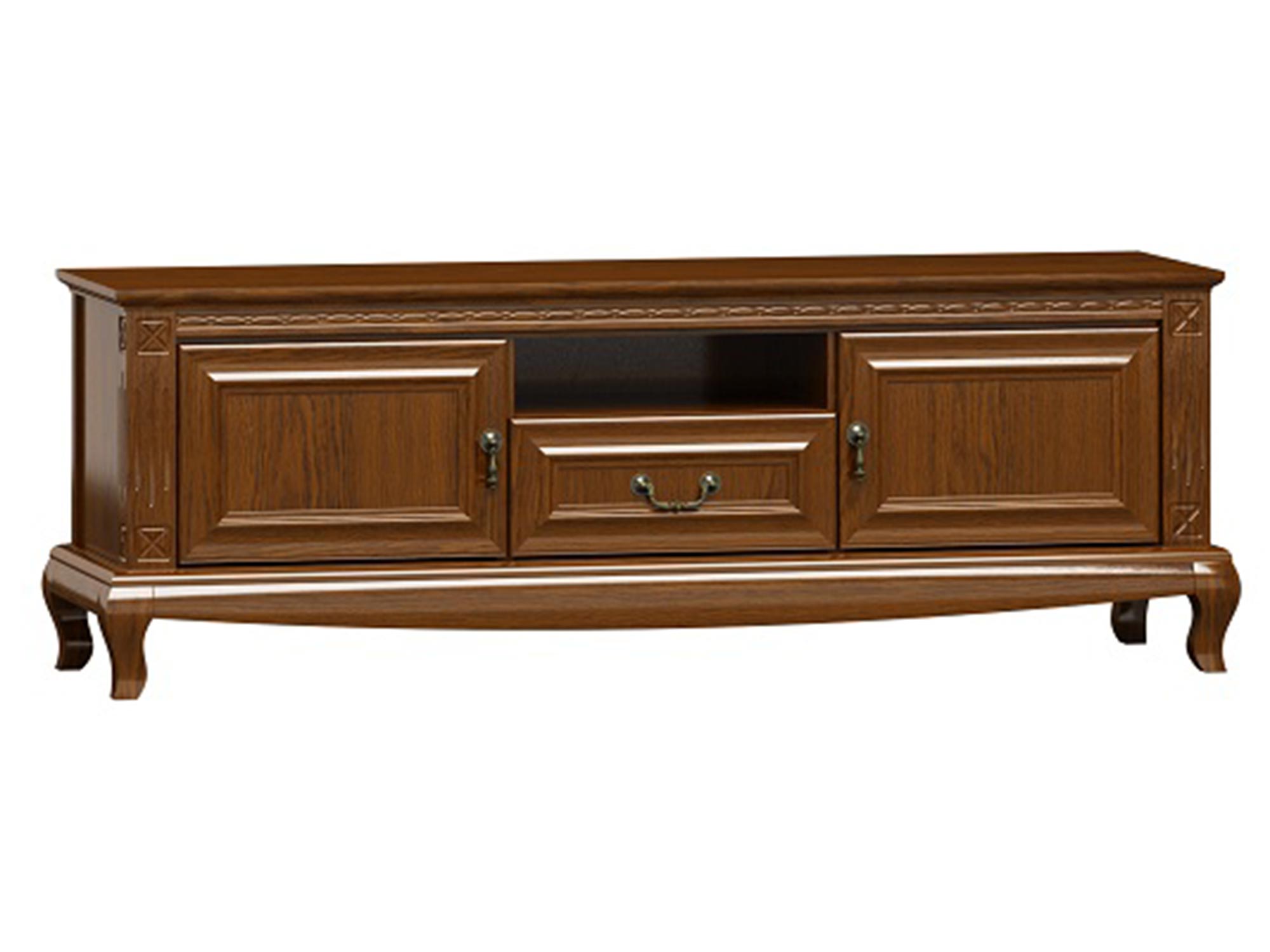 Drewniana szafka RTV z rzeźbionymi nogami, dekoracyjnymi uchwytami i klasycznym wykończeniem do stylowego wnętrza Drewniana szafka RTV z rzeźbionymi nogami, dekoracyjnymi uchwytami i klasycznym wykończeniem do stylowego wnętrza