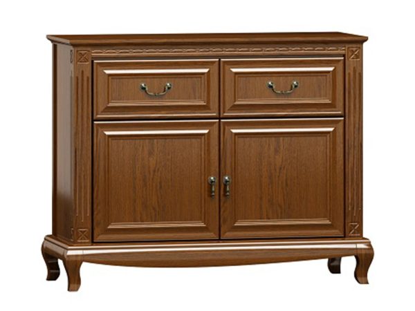 Dřevěná komoda s vyřezávanými nohami, elegantními úchytkami a klasickým provedením do elegantního interiéru