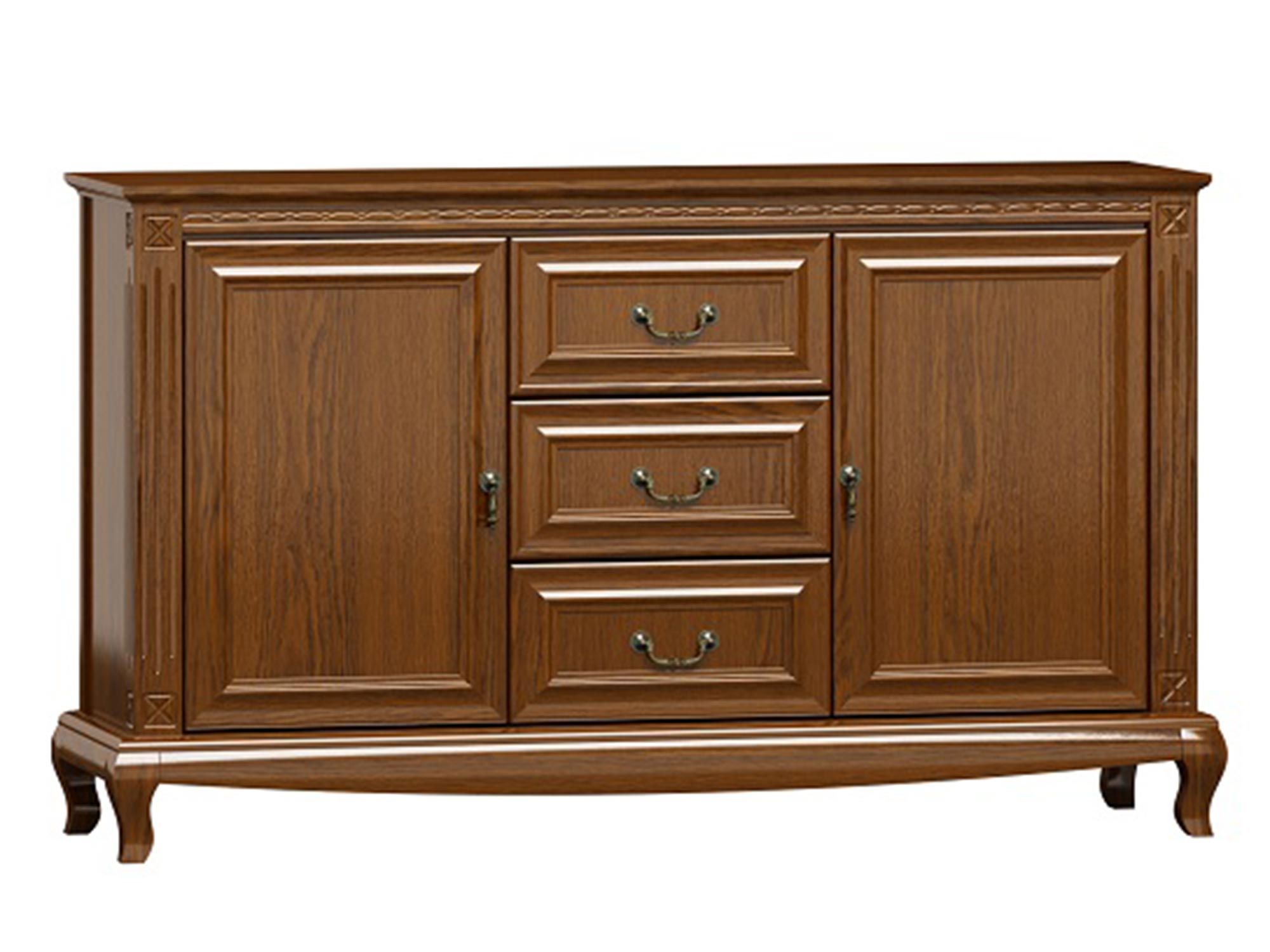 Klasyczna komoda z drewnianymi frontami, rzeźbionymi nogami i dekoracyjnymi uchwytami do salonu