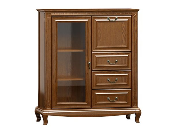 Dřevěná komoda s vyřezávanými nohami, eleganckimi úchyty a klasickém povrchovou úpravou do stylowego interiéru