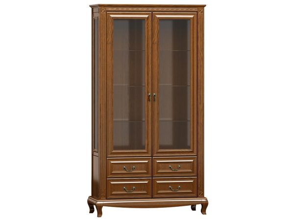 Vitrína s prosklenými dveřmi, vyřezávanými nohami a dřevěnými čely ve stylu vintage do eleganckiego interiéru