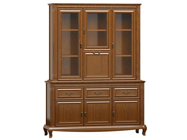 Klasická vitrína s prosklenými dveřmi, vyřezávanými nohami a eleganckimi úchyty do stylowego interiéru